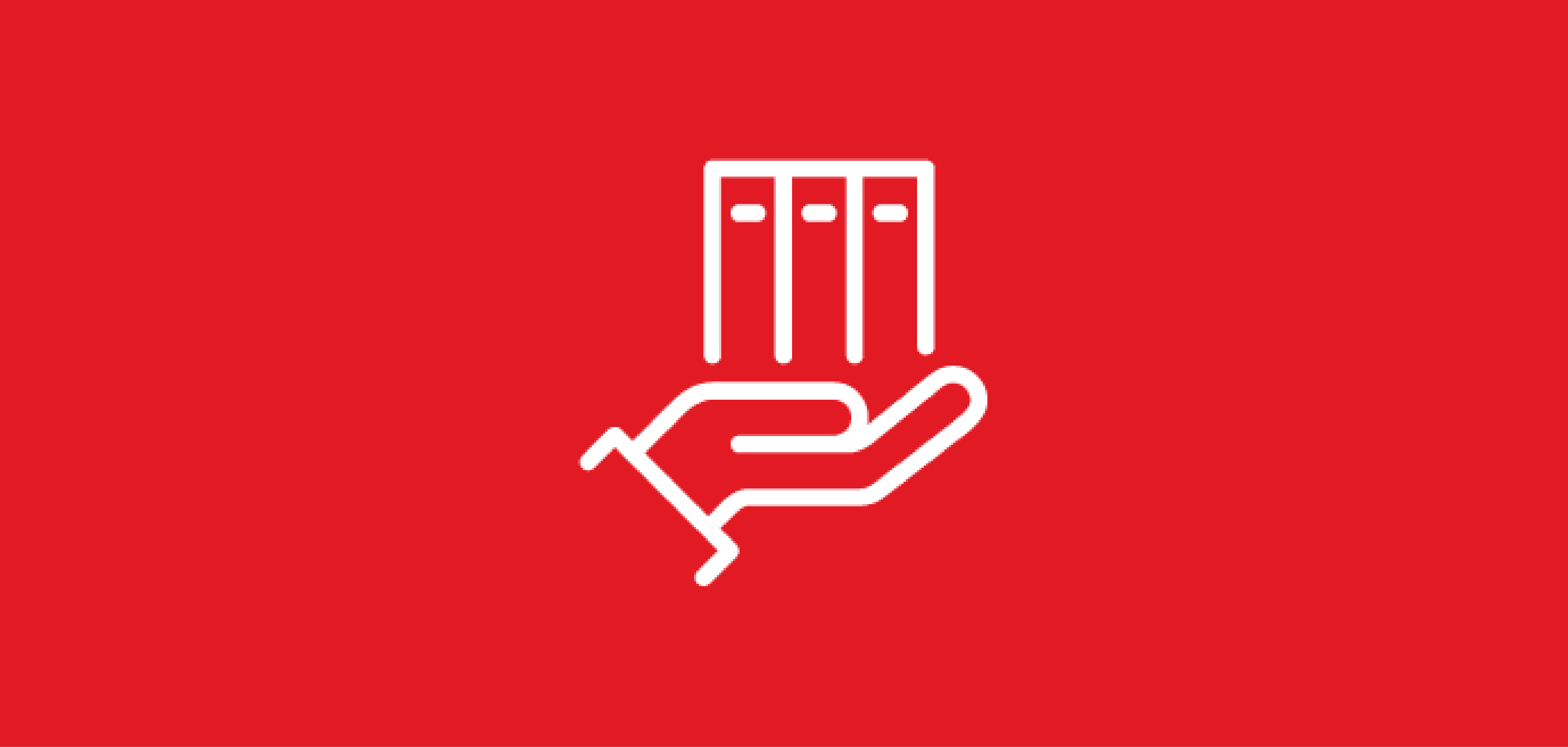 Red background with logo of a hand holding books