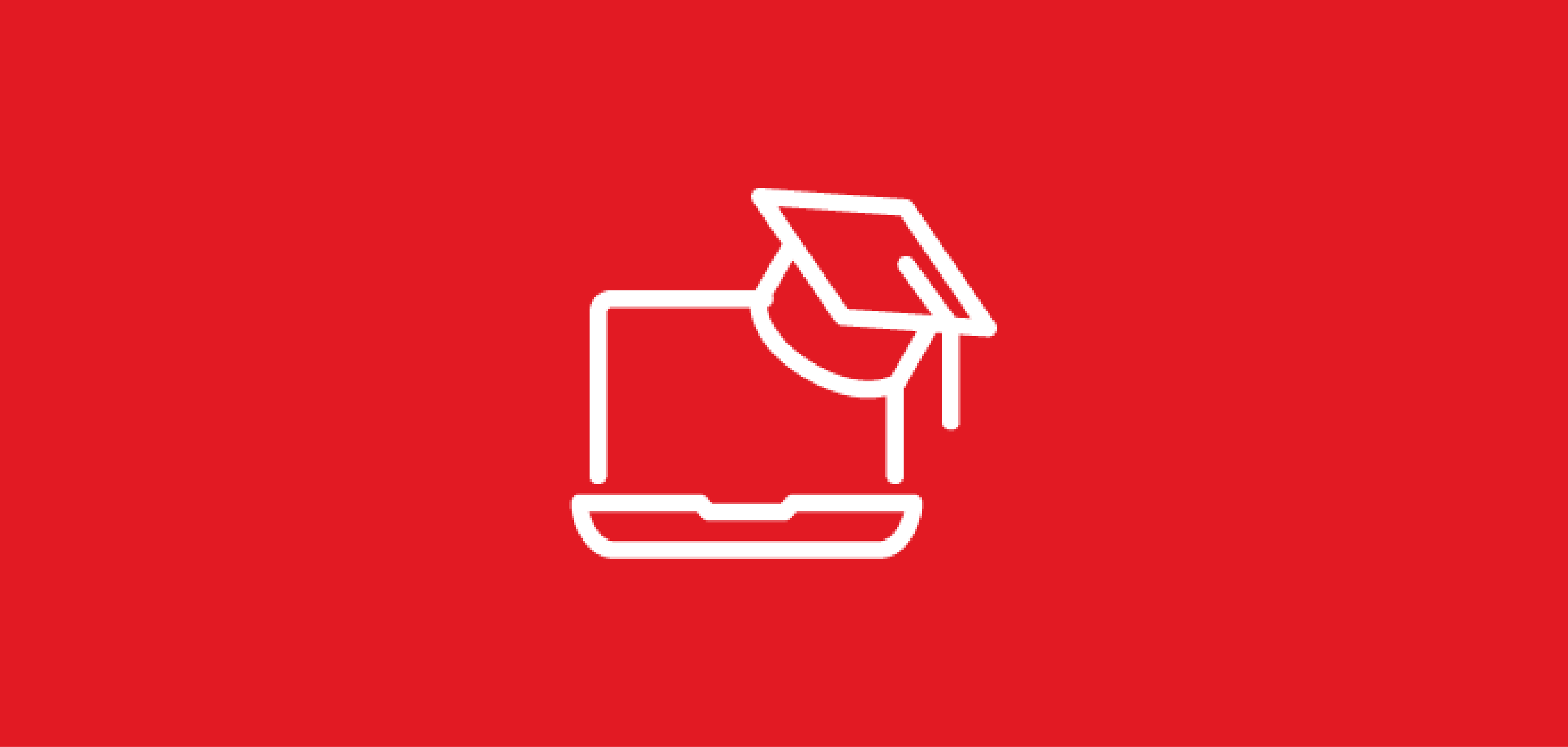 Red background with logo of a laptop with graduation cap
