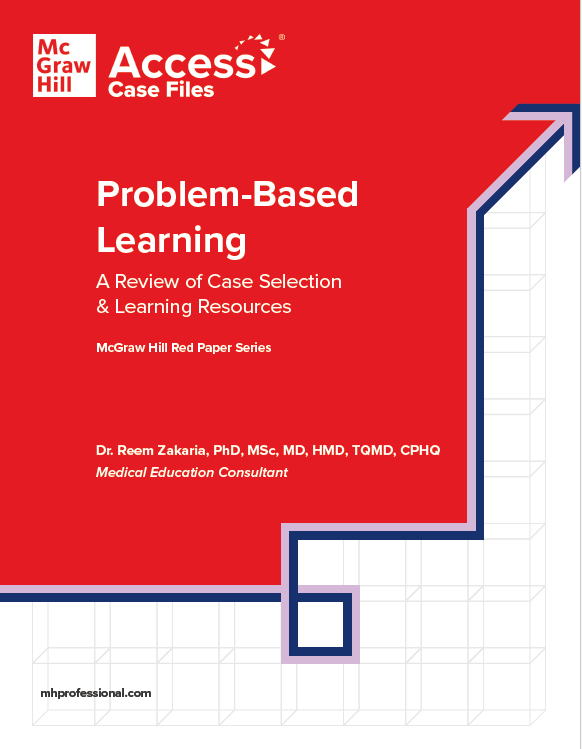 McGraw Hill logo on a red and white background with blue and lavender arrow pointing upward. Text on it says free Problem-Based Learning guide with mhprofessional.com in the lower left hand corner 