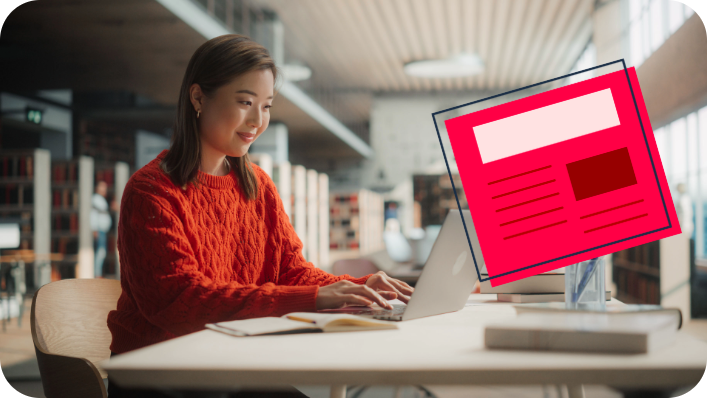 Female student working on their laptop with a decorative red document brand icon.