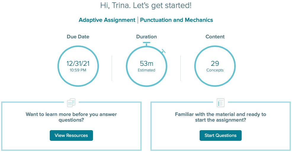 Screencapture of Adaptive Learning Assignments interface