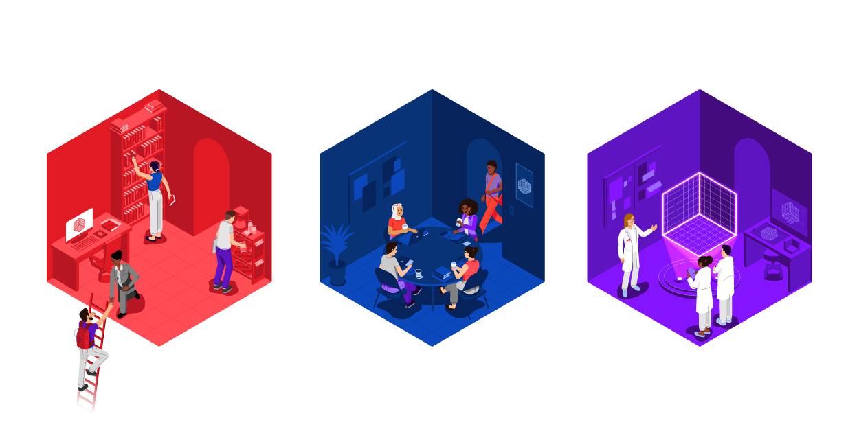 Isometric illustrations portraying students and instructors working.