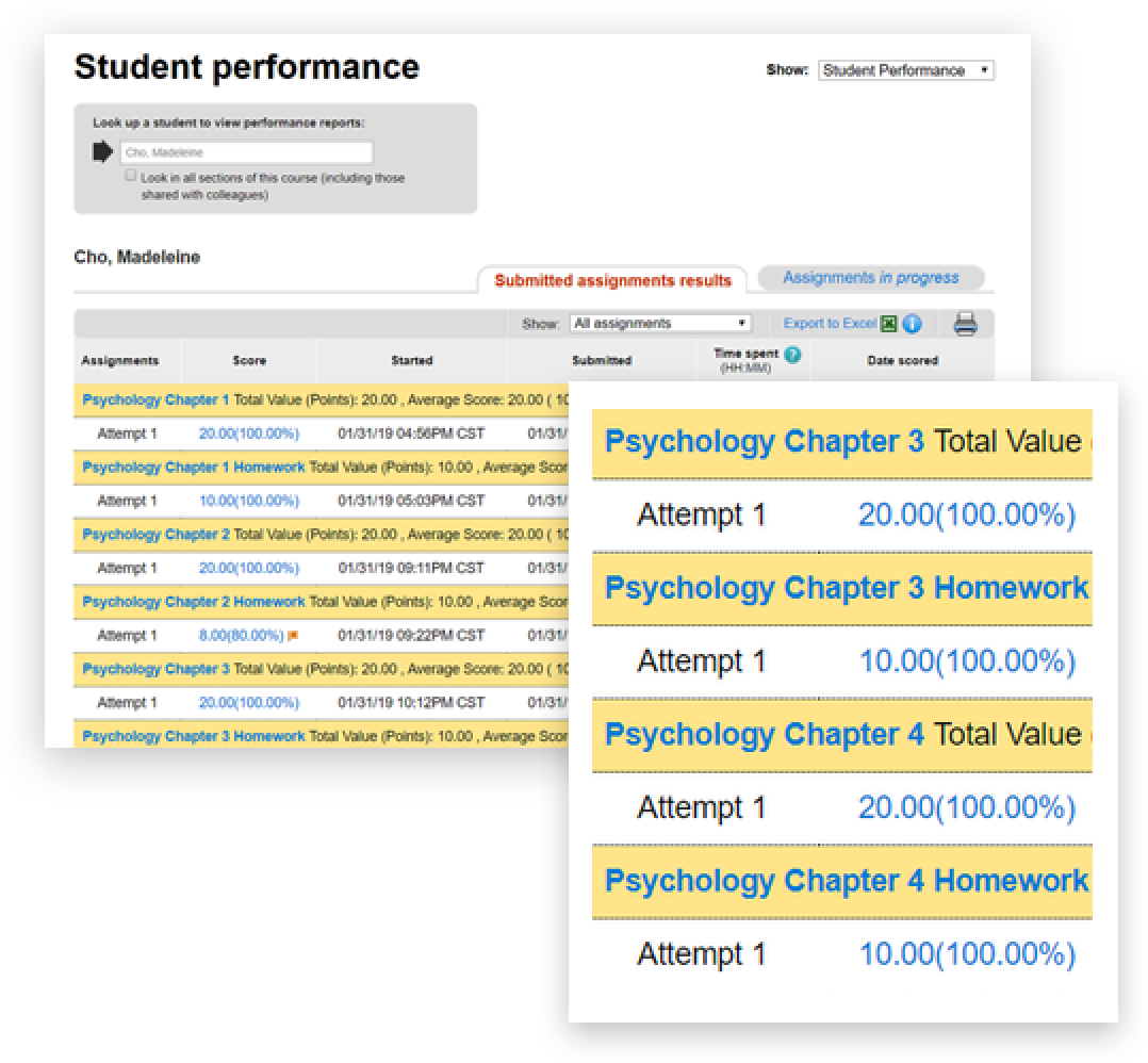 Student performance interface within Connect Student performance interface within Connect