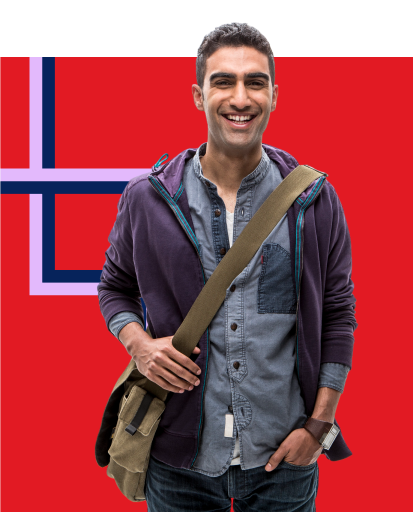 Student in front of red background with pathway behind